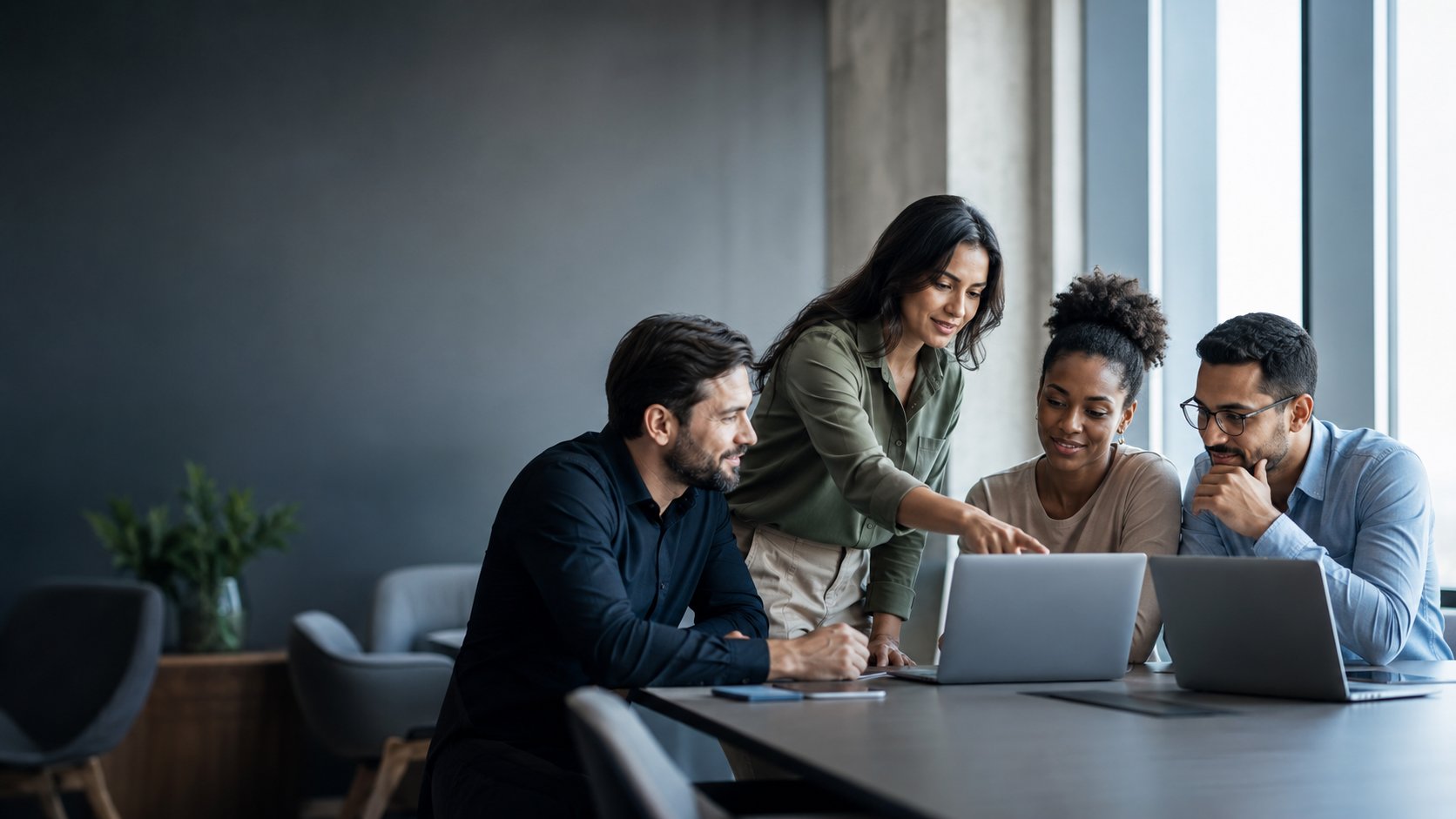 Equipe colaborando com notebooks em um escritório moderno